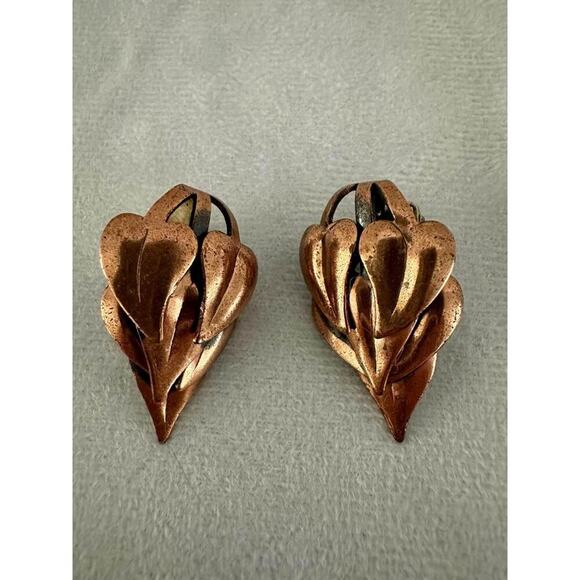 Jerry Fels Jewelry - Vintage Jerry Fels "Renoir" Copper Stylized Leaf Earrings - Made in USA - 1940's